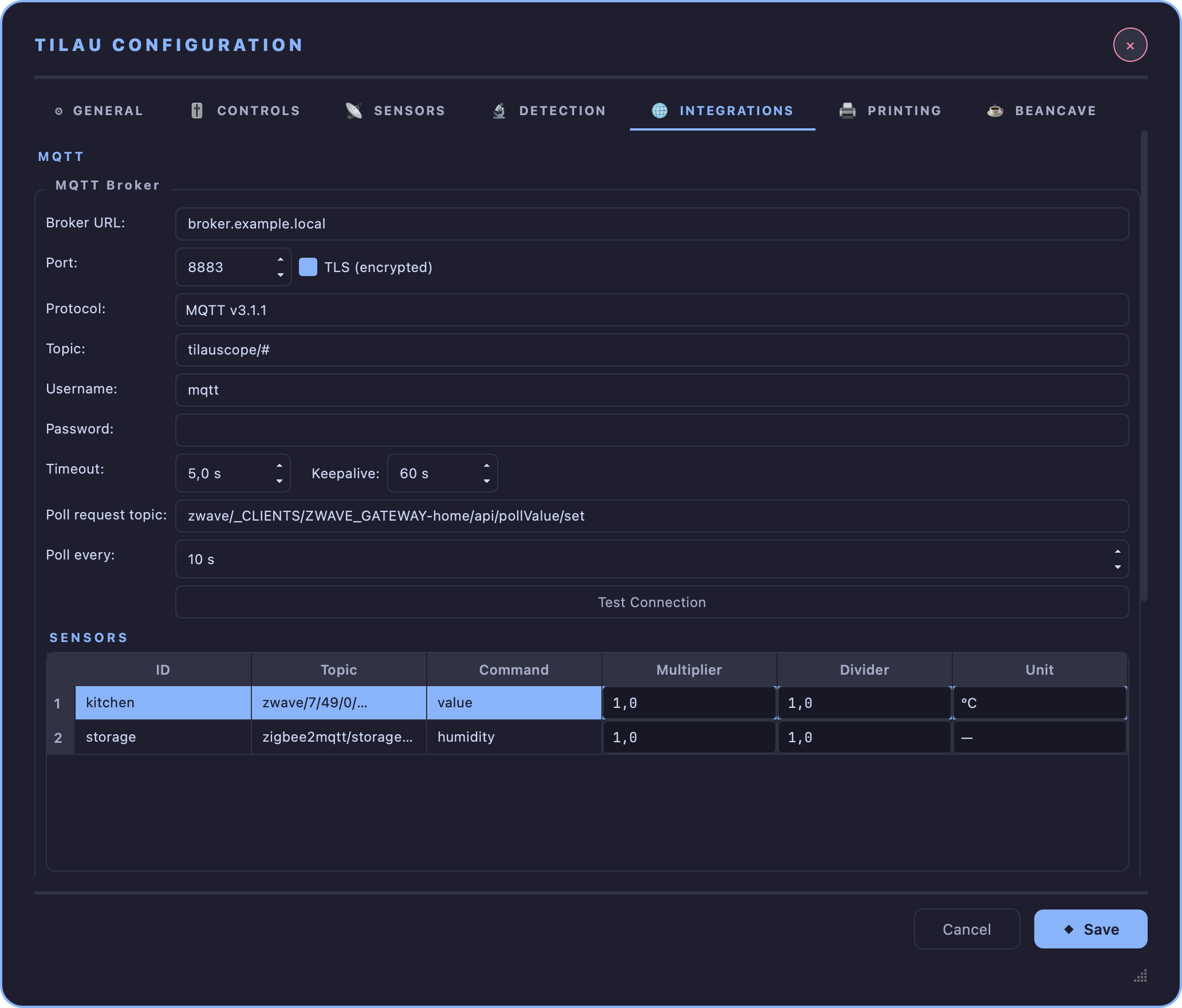 the INTEGRATIONS tab, MQTT Broker group with TLS