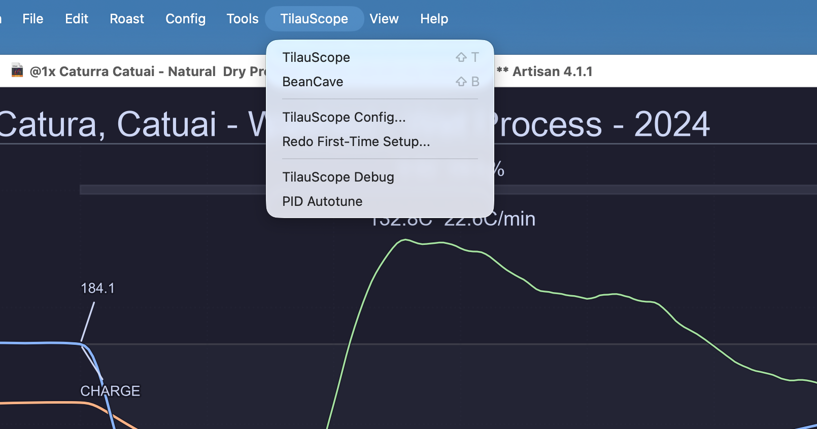 the TilauScope menu, fully open