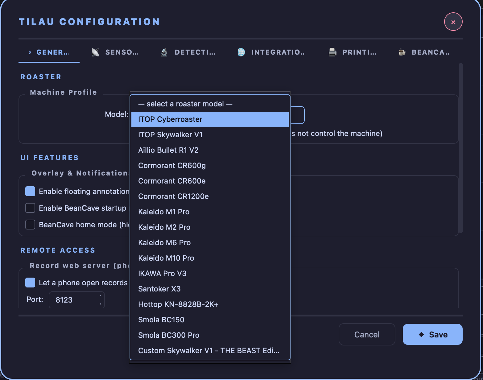 The roaster model picker, list open.