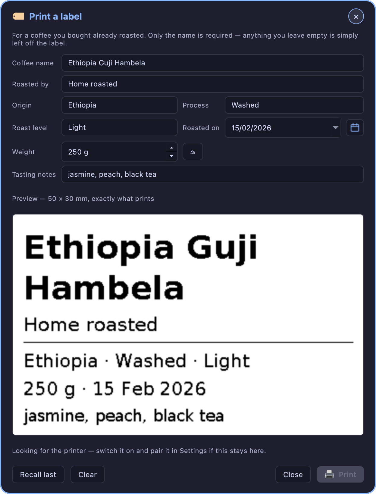 the coffee label window with its live preview