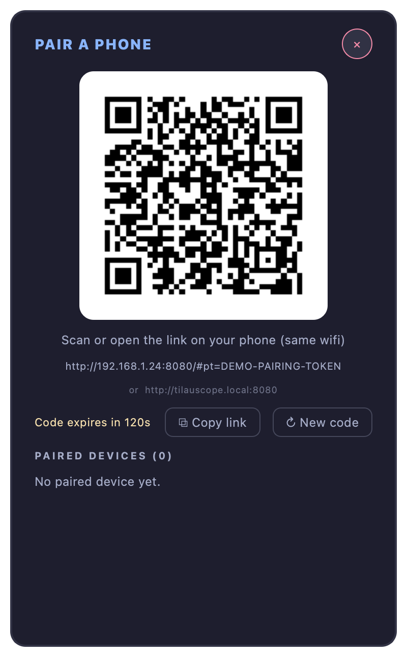 The Pair a phone dialog with its QR code and countdown.