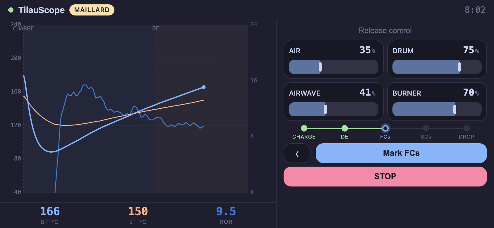 The phone client in landscape, curve and controls side by side.