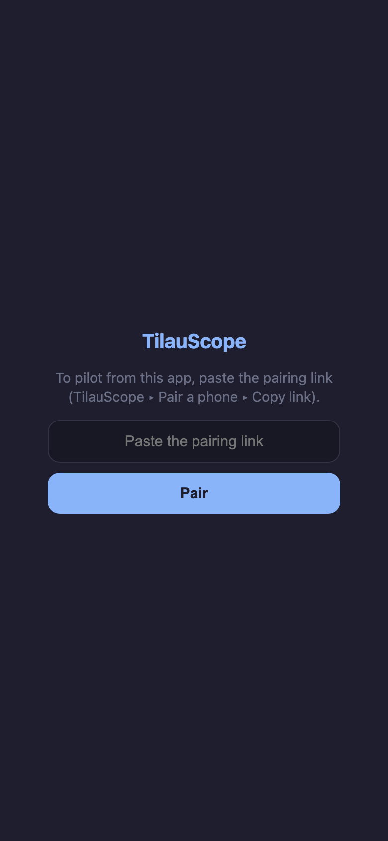The pairing form on the phone, asking for the pairing link.