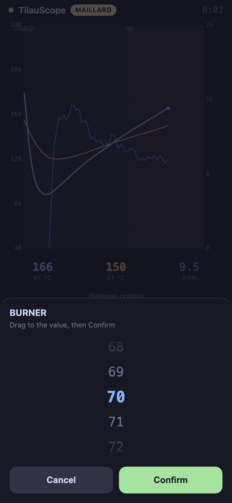 The value picker open on one channel, with Cancel and Confirm.