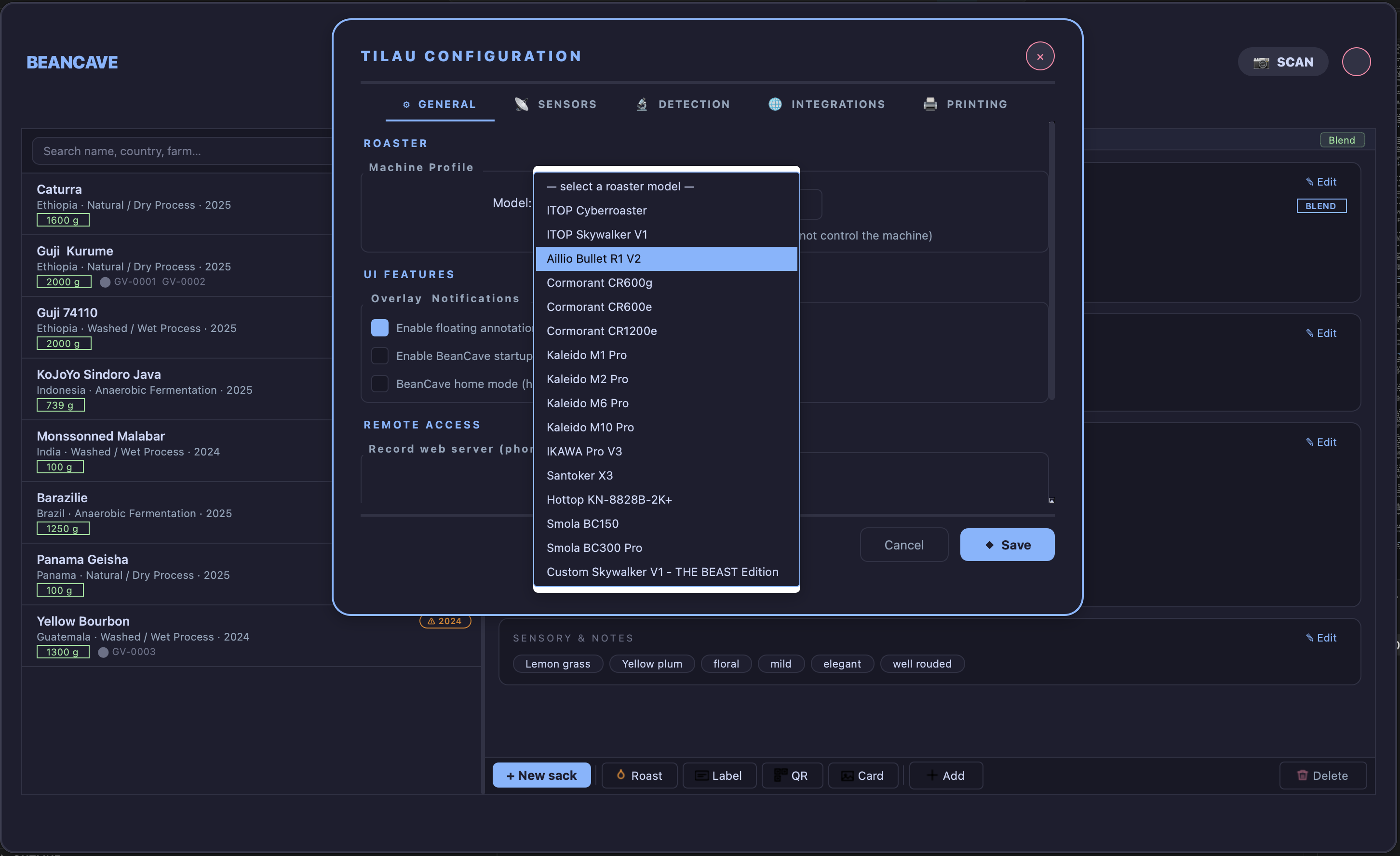  Machine Profile with the model list open