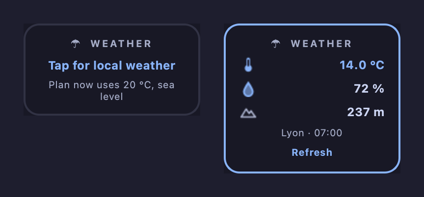 The WEATHER window before a tap, and with a reading.