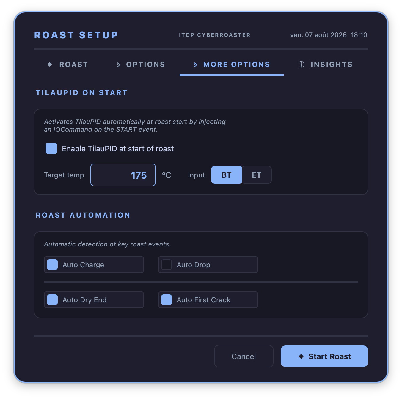 The ⚙ MORE OPTIONS tab with the new Roast Replay card visible (a background curve loaded, box ticked, burner reaction time filled in).
