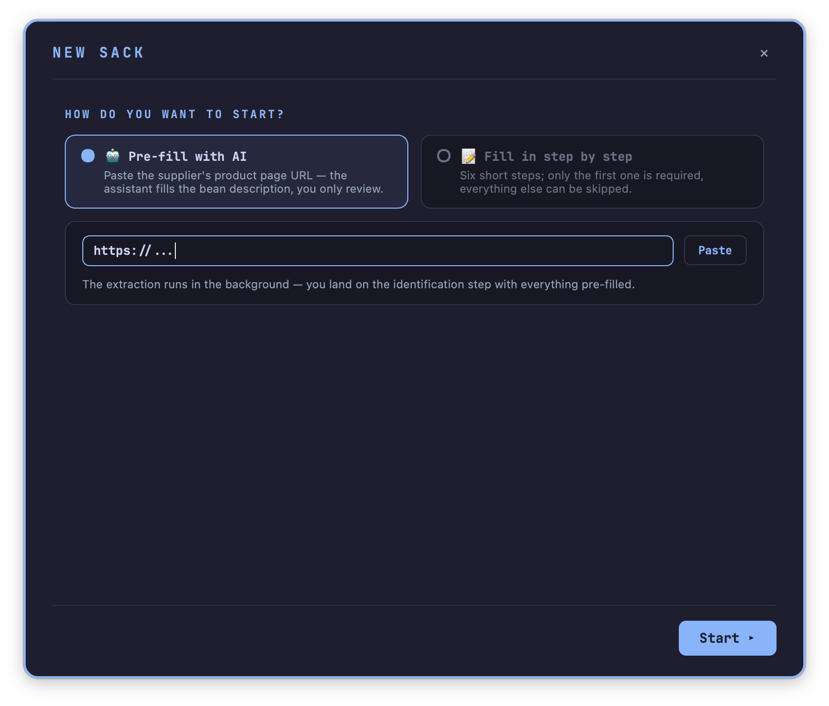the + New bean button and the New sack assistant's Start page