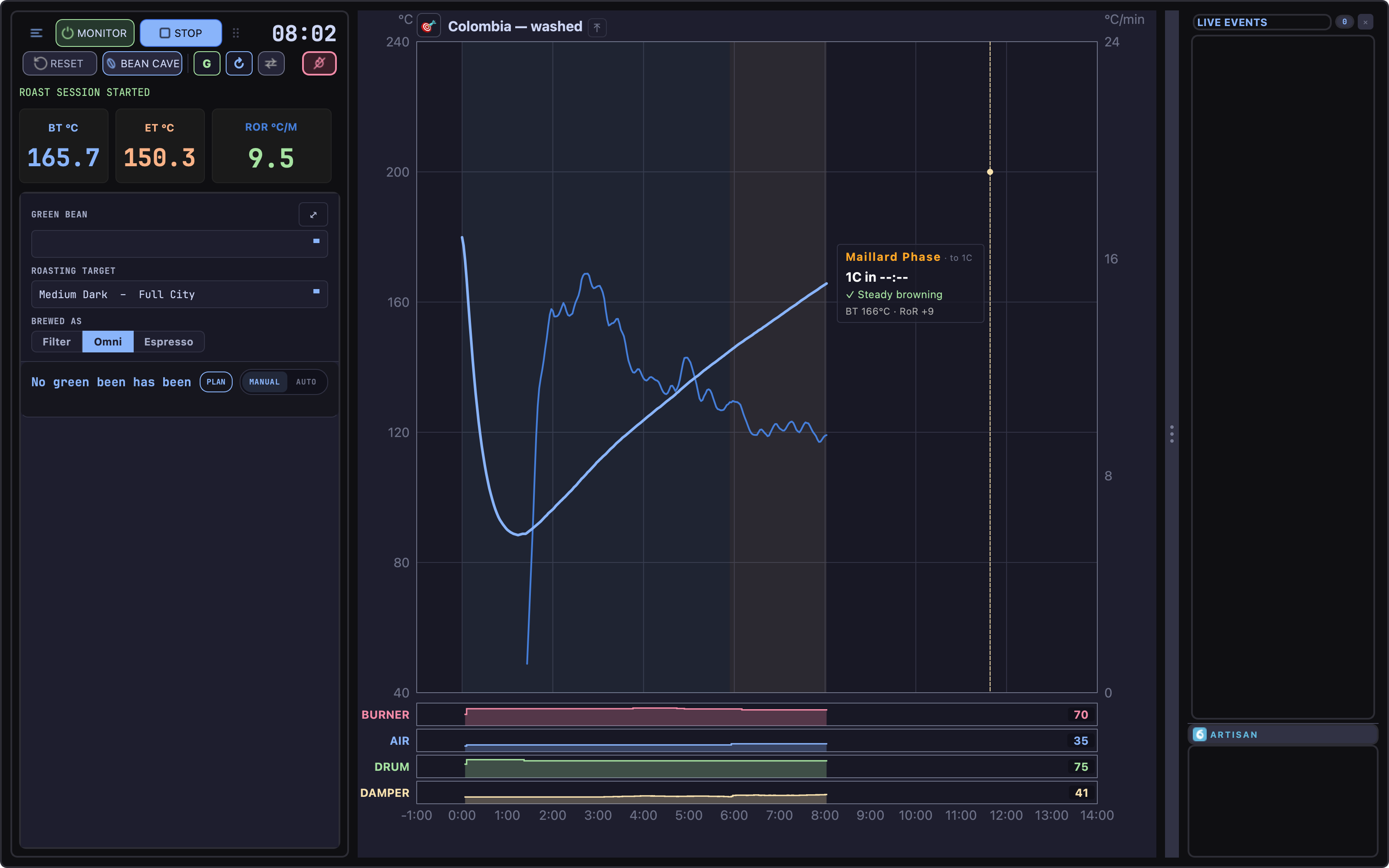The whole TilauScope window mid-roast, sidebar expanded.
