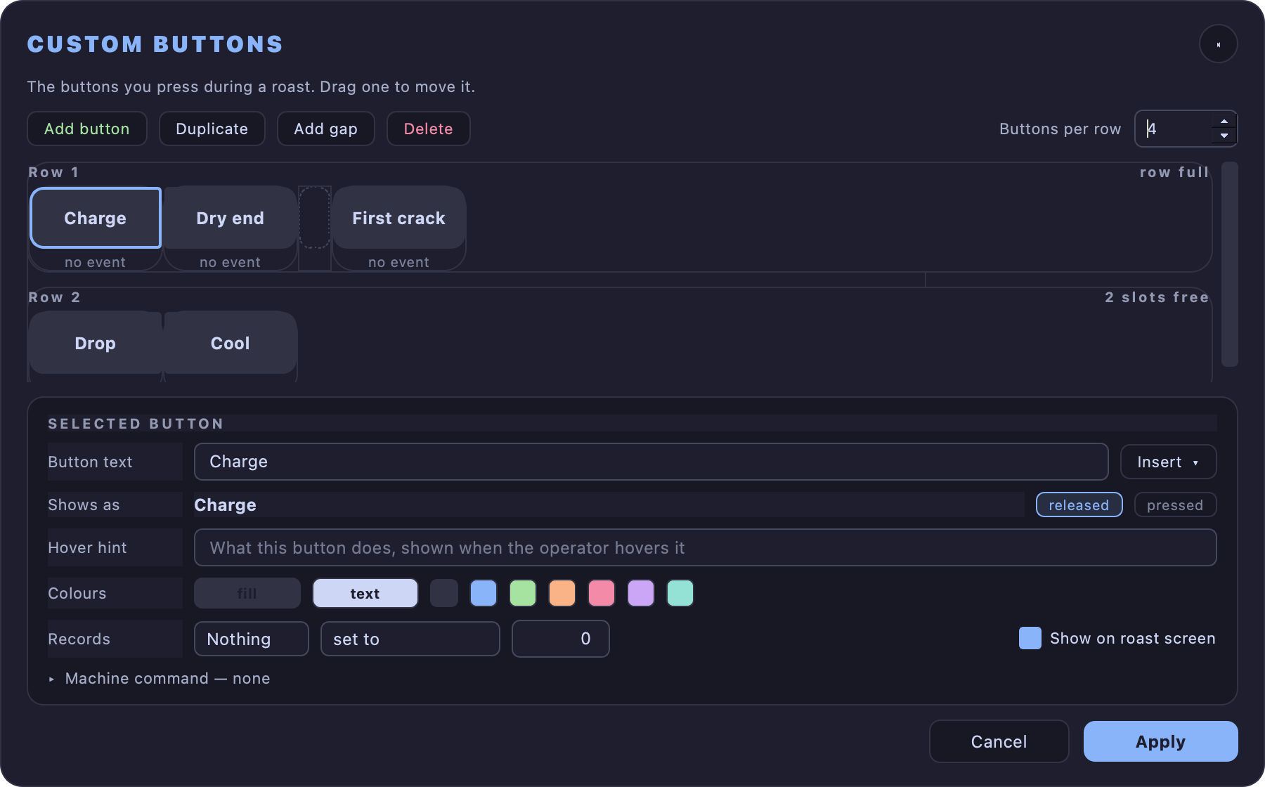 The custom button editor with two rows split by a gap.